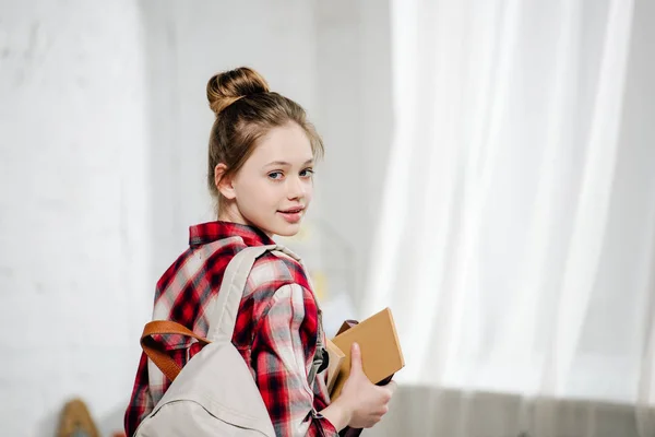 Teenage Schoolgirl Checkered Shirt Backpack Holding Books — Stock Photo, Image