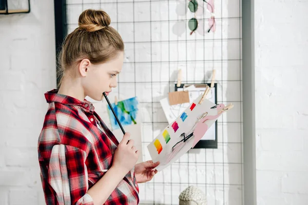 Side View Pensive Teenager Checkered Shirt Looking Drawing — Stock Photo, Image