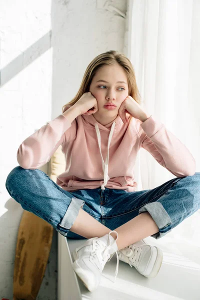 Pensive Teenage Kid Jeans White Sneakers Sitting Window Sill — Stock Photo, Image