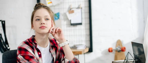 Panoramic Shot Pensive Teenager Kid Checkered Shirt Looking Away — Stock Photo, Image