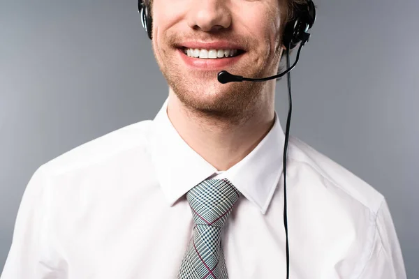 Partial View Smiling Call Center Operator Headset — Stock Photo, Image