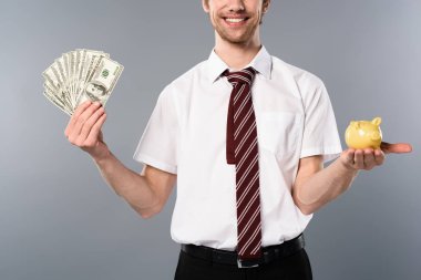 işadamı holding kumbara ve Doları banknot gri arka plan üzerinde gülümseyen kısmi görünümü