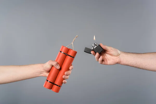 Cropped View Men Holding Dynamite Lighter Grey Background — Stock Photo, Image