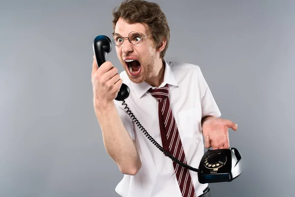 Angry Businessman Glasses Screaming Vintage Phone — Stock Photo, Image