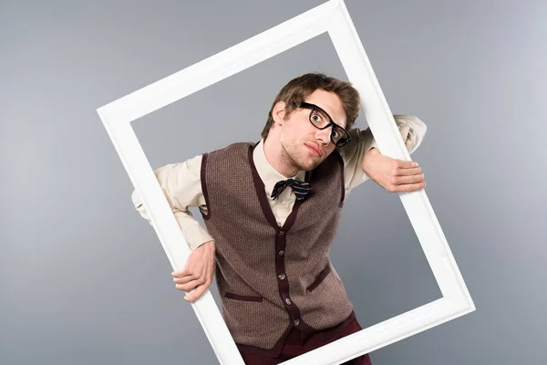 Funny Man Holding White Frame Grey Background — Stock Photo, Image