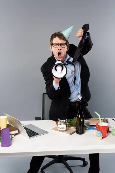 Excited Businessman Yelling Loudspeaker Workplace Showing Thumb — Stock Photo, Image