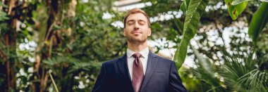 panoramic shot of joyful businessman with closed eyes in greenhouse clipart