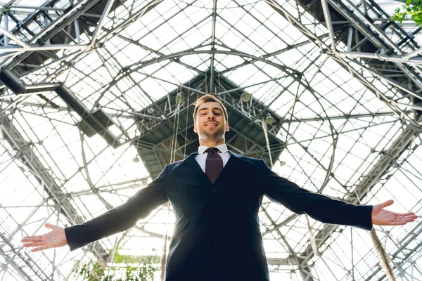 Low Angle View Joyful Businessman Outstretched Hands Standing Greenhouse — Stock Photo, Image