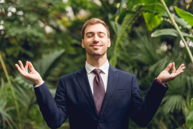 handsome smiling businessman in suit and tie with closed eyes meditating in orangery clipart