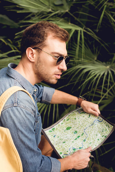 handsome tourist in sunglasses holding map in tropics