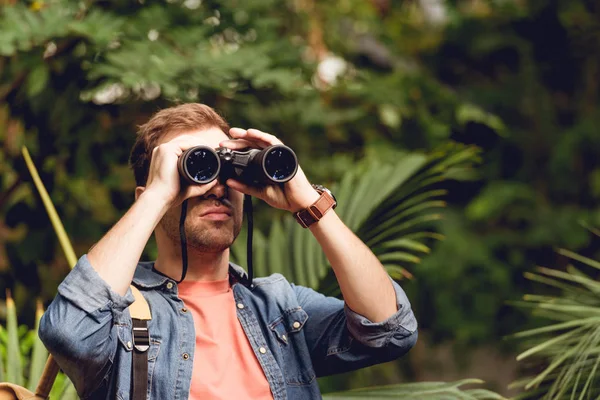 Viajero Adulto Mirando Través Prismáticos Bosque Verde Tropical — Foto de Stock