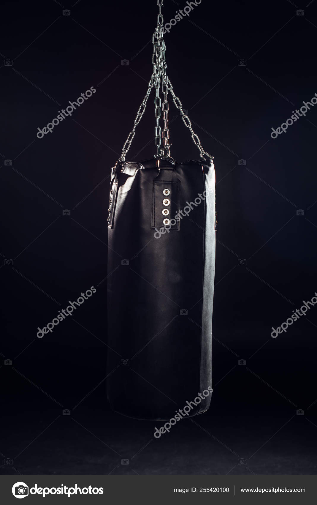 Leather Punching Bag Hanging Steel Chains Black Stock Photo by