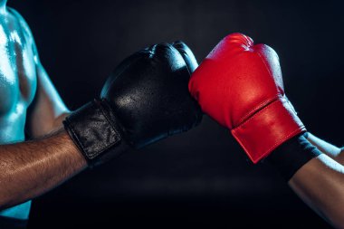 Partial view of two boxers in boxing gloves touching hands on black clipart