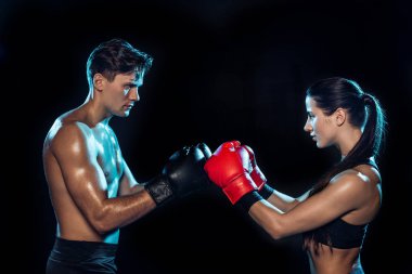 Side view of two boxers in boxing gloves training together isolated on black clipart