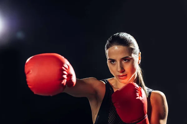 Fokuserad Kvinnlig Boxare Röda Boxnings Handskar Utbildning Och Titta Bort — Stockfoto
