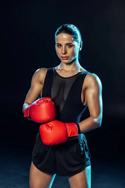 Strong Boxer Red Gloves Looking Camera Black — Stock Photo, Image