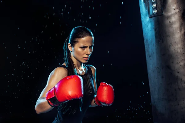 Pensive Boxer Red Boxing Gloves Training Water Drops Black — Stock Photo, Image