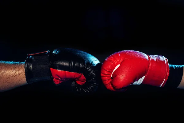 Partial View Two Boxers Boxing Gloves Touching Hands Black — Stock Photo, Image
