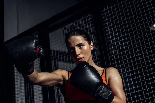 Konzentrierter Boxer Schwarzen Boxhandschuhen Beim Training Und Beim Wegschauen — Stockfoto