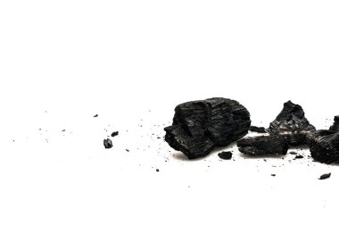 Black burnt firewood with ash on white surface clipart