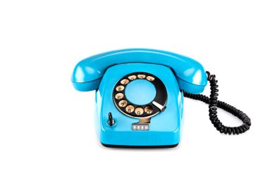 Beyaz üzerinde ahize ve tel ile mavi Vintage telefon