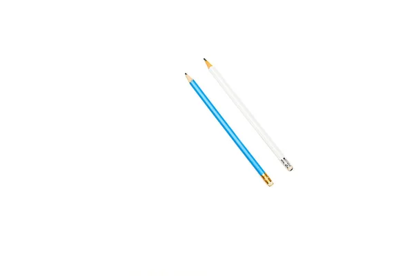 Vista Superior Lápis Brancos Azuis Isolados Branco — Fotografia de Stock