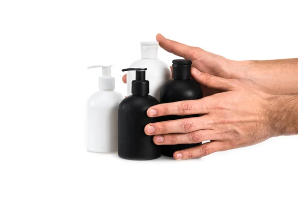 Partial View Man Holding Cosmetic Bottles White — Stock Photo, Image