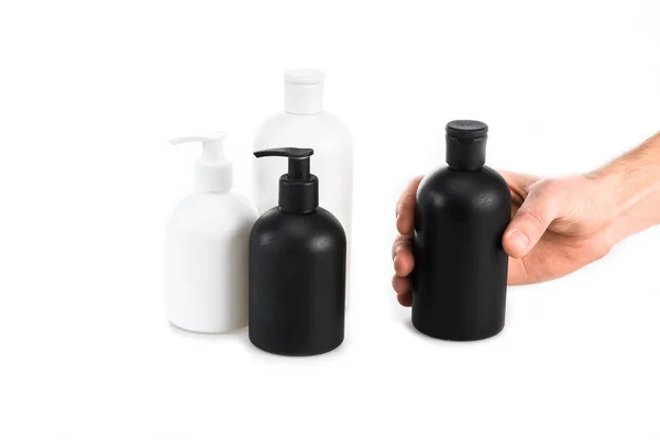 Partial View Man Holding Cosmetic Bottle White — Stock Photo, Image