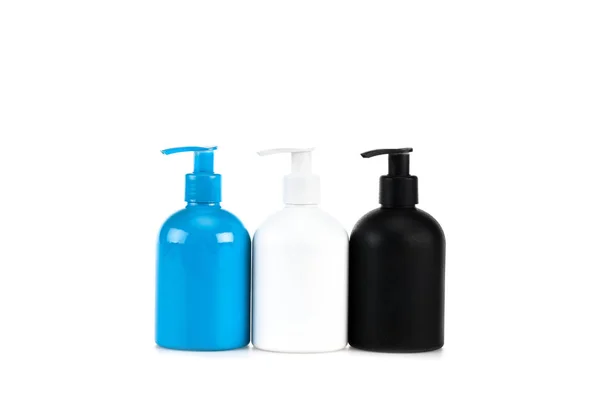 Three Cosmetic Bottles Sprays Isolated White — Stock Photo, Image