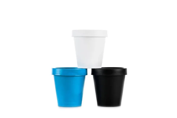 White Black Blue Plastic Cups Isolated White — Stock Photo, Image