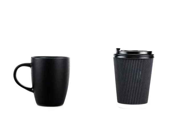 Чорна Керамічна Чашка Паперова Чашка Кави Ізольовані Білому — стокове фото