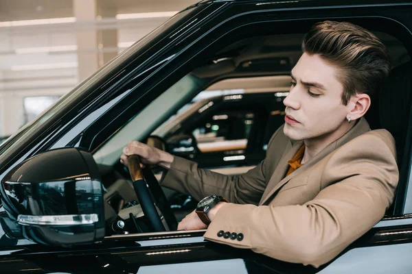 Handsome Man Sitting Automobile Holding Steering Wheel — Stock Photo, Image