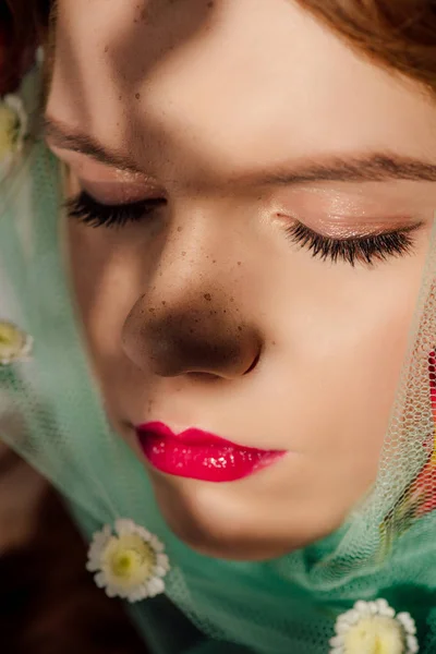 Beautiful Young Woman Eyes Closed Red Lips Covered Veil Flowers — Stock Photo, Image