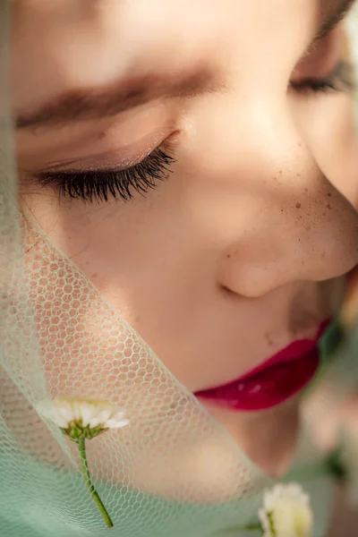 Selective Focus Beautiful Young Woman Eyes Closed Covered Veil Flowers — Stock Photo, Image