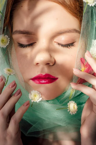 Beautiful Young Woman Eyes Closed Red Lips Covered Veil Flowers — Stock Photo, Image