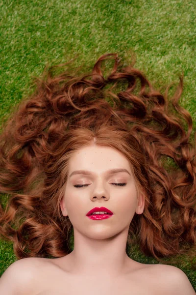 Top View Beautiful Young Redhead Woman Red Lips Eyes Closed — стоковое фото