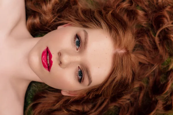 Top View Beautiful Young Redhead Woman Red Lips Looking Camera — Stock Photo, Image