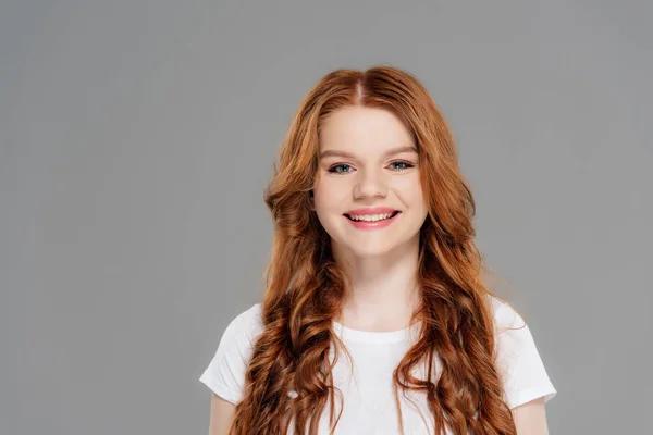 Beautiful Redhead Girl White Shirt Looking Camera Smiling Isolated Grey — Stock Photo, Image