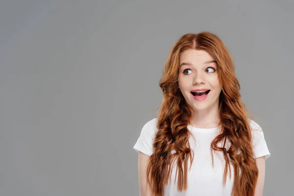 Happy Redhead Girl Looking Away Isolated Grey Copy Space — Stock Photo, Image