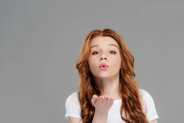 Beautiful Redhead Girl Looking Camera Blowing Air Kiss Isolated Grey — Stock Photo, Image