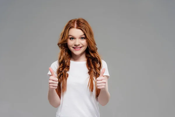 Beautiful Redhead Girl Looking Camera Smiling Showing Thumbs Isolated Grey — Stock Photo, Image