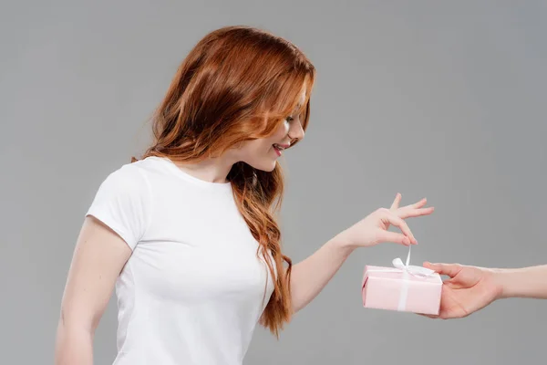 Beautiful Smiling Redhead Girl Opening Pink Gift Box Isolated Grey — Stock Photo, Image