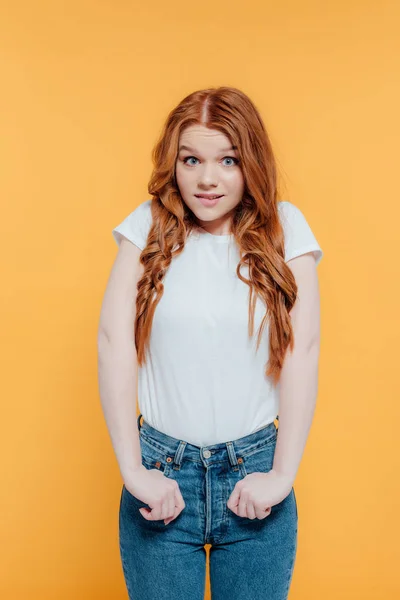 Beautiful Redhead Girl White Shirt Denim Looking Camera Biting Lip — Stock Photo, Image