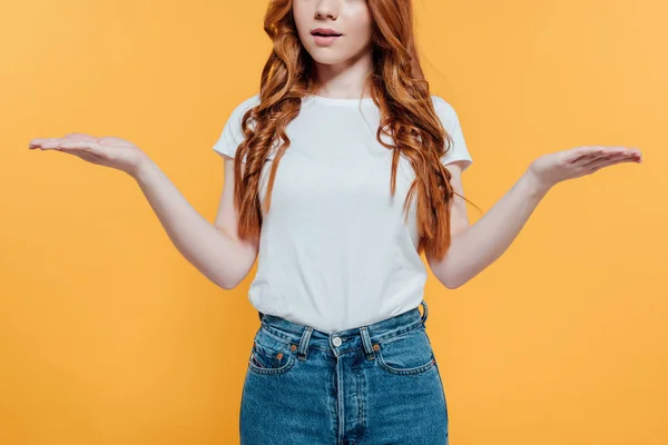 Cropped View Redhead Girl Showing Shrug Gesture Isolated Yellow — Stock Photo, Image