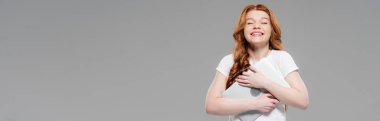 Güzel Redhead kız laptop tutarak panoramik çekim ve kopya alanı ile gri izole gülümseyen