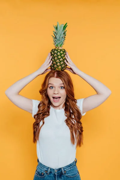 Cheerful Redhead Girl Looking Camera Posing Pineapple Head Isolated Yellow — Stock Photo, Image
