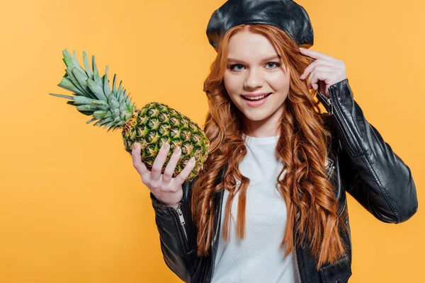 Beautiful Smiling Redhead Girl Leather Jacket Holding Pineapple Looking Camera — Stock Photo, Image