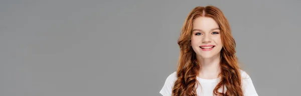 Panoramic Shot Beautiful Happy Redhead Girl Looking Camera Isolated Grey — Stock Photo, Image