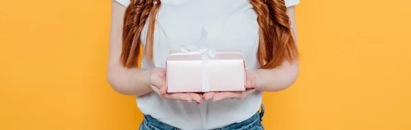 Panoramic Shot Girl White Shirt Holding Gift Box Isolated Yellow — Stock Photo, Image
