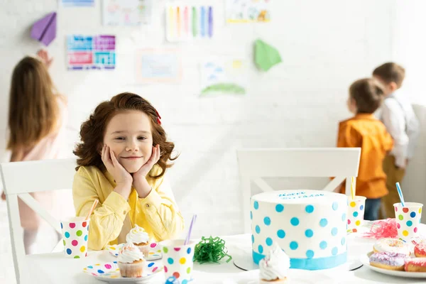 Selective Focus Adorable Kid Sitting Table Cake Looking Camera Birthday — Stock Photo, Image